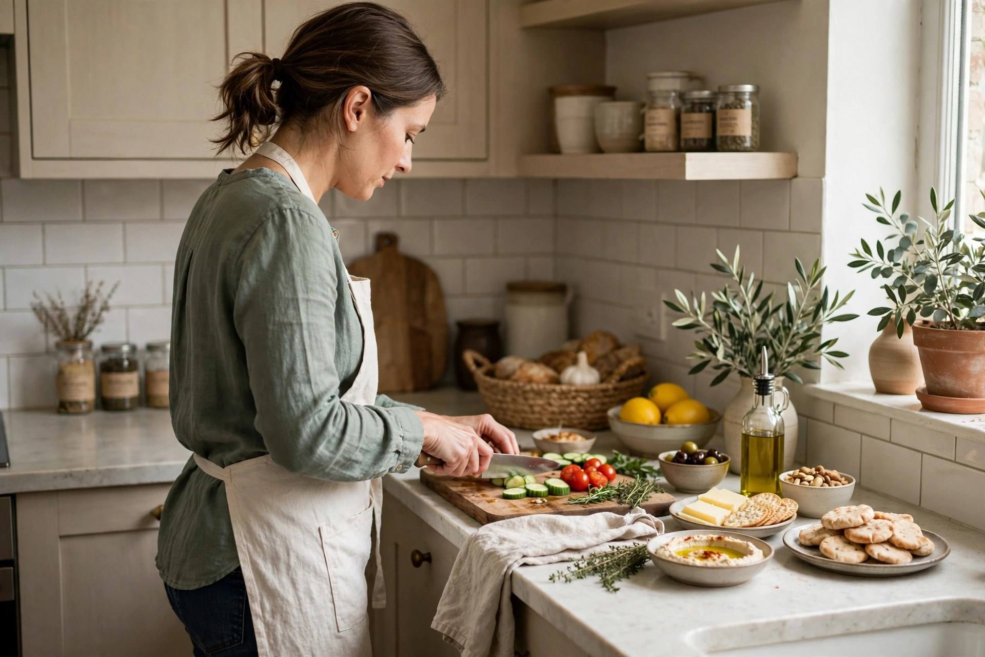 Host preparing appetizers in a home kitchen before guests arrive