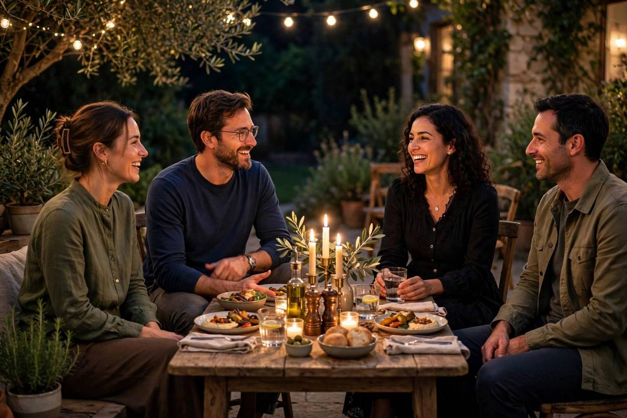 Friends enjoying conversation around a small dinner table at night