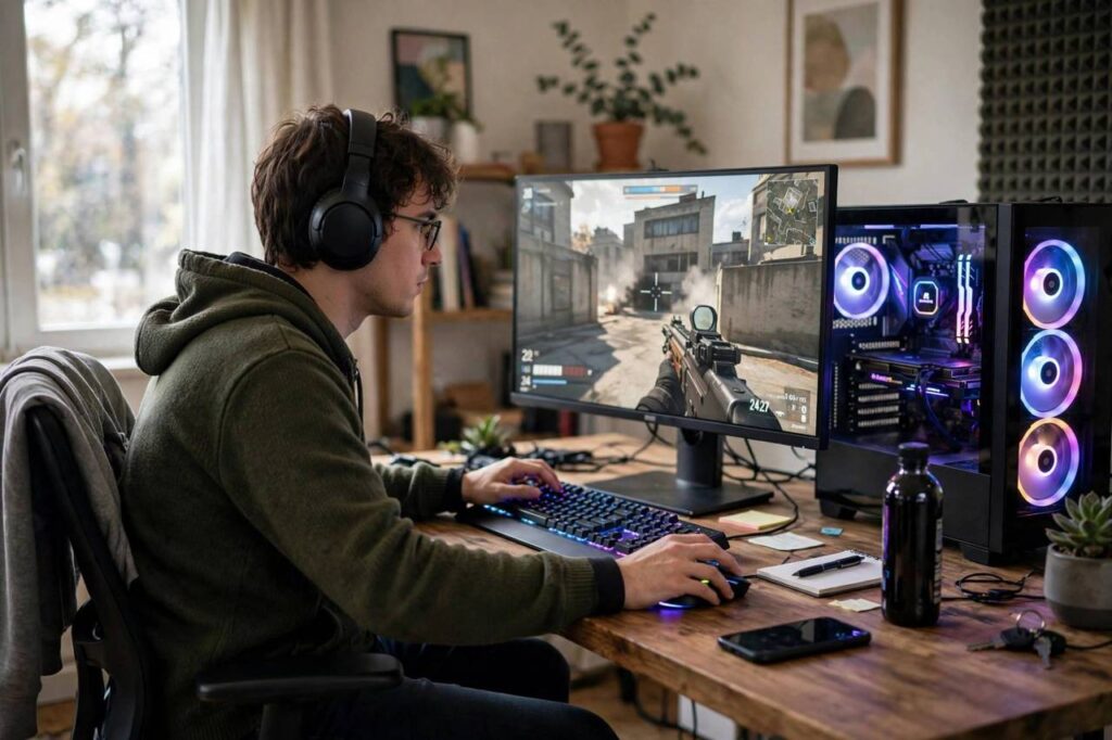 A person playing an FPS game on a PC with RGB lighting