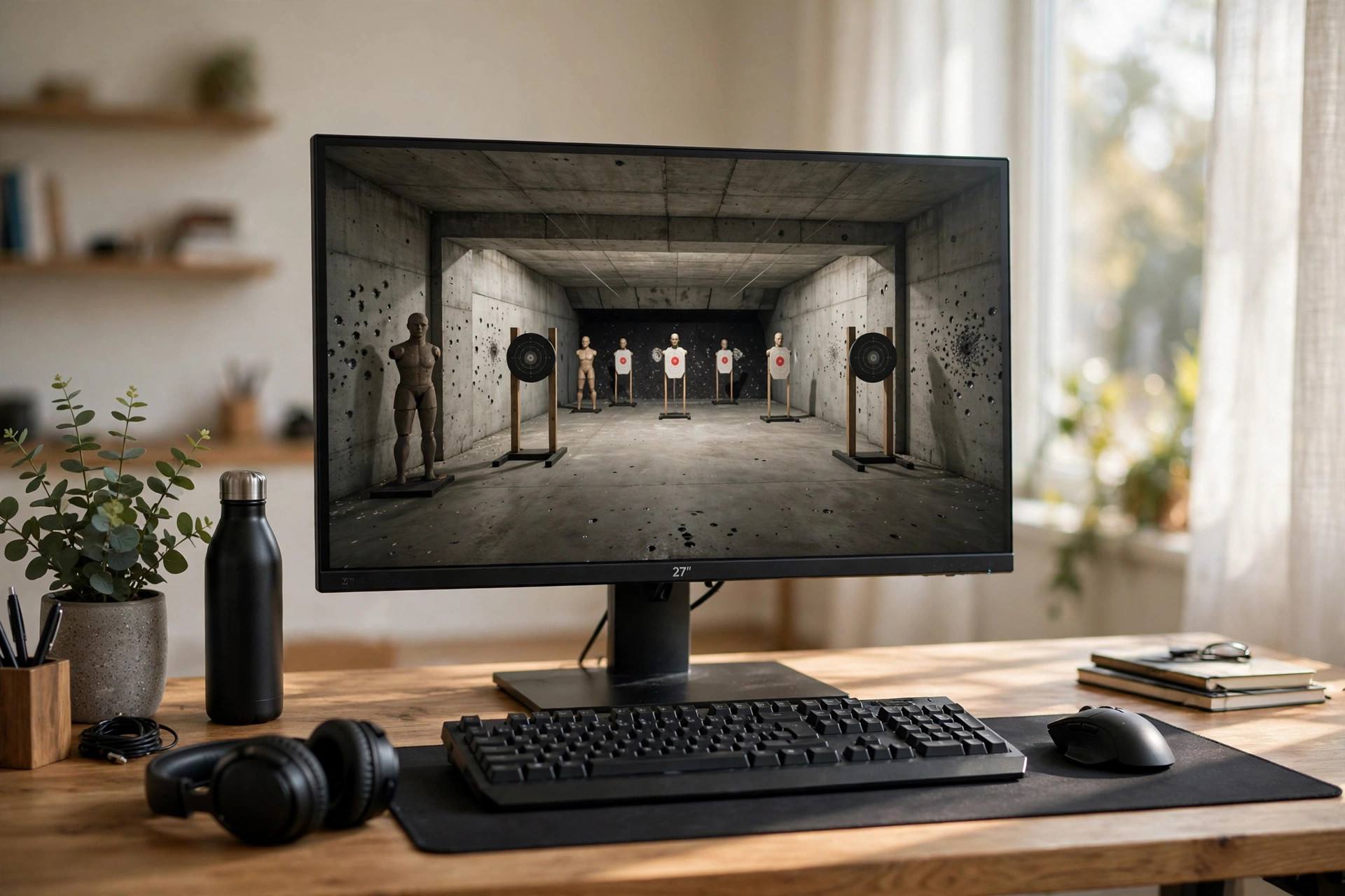 A gaming setup with a mouse, keyboard, and monitor showing an FPS training range
