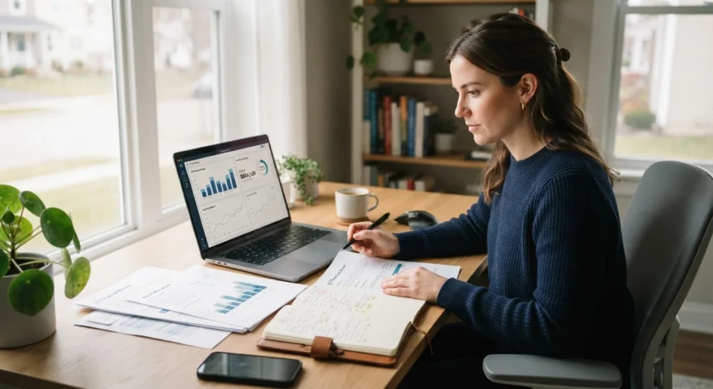 Person reviewing their credit report on a laptop at a home desk