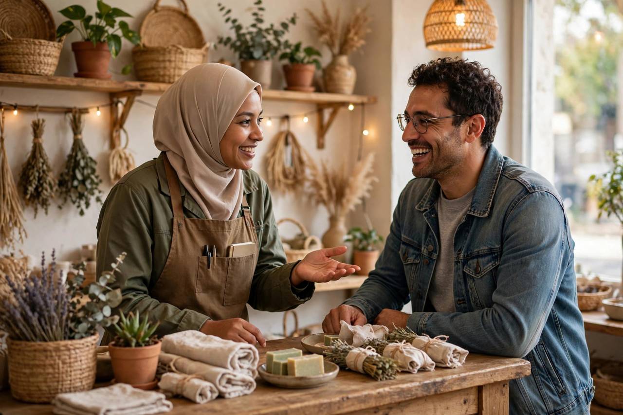 Employee helping a customer with a smile at a small retail counter