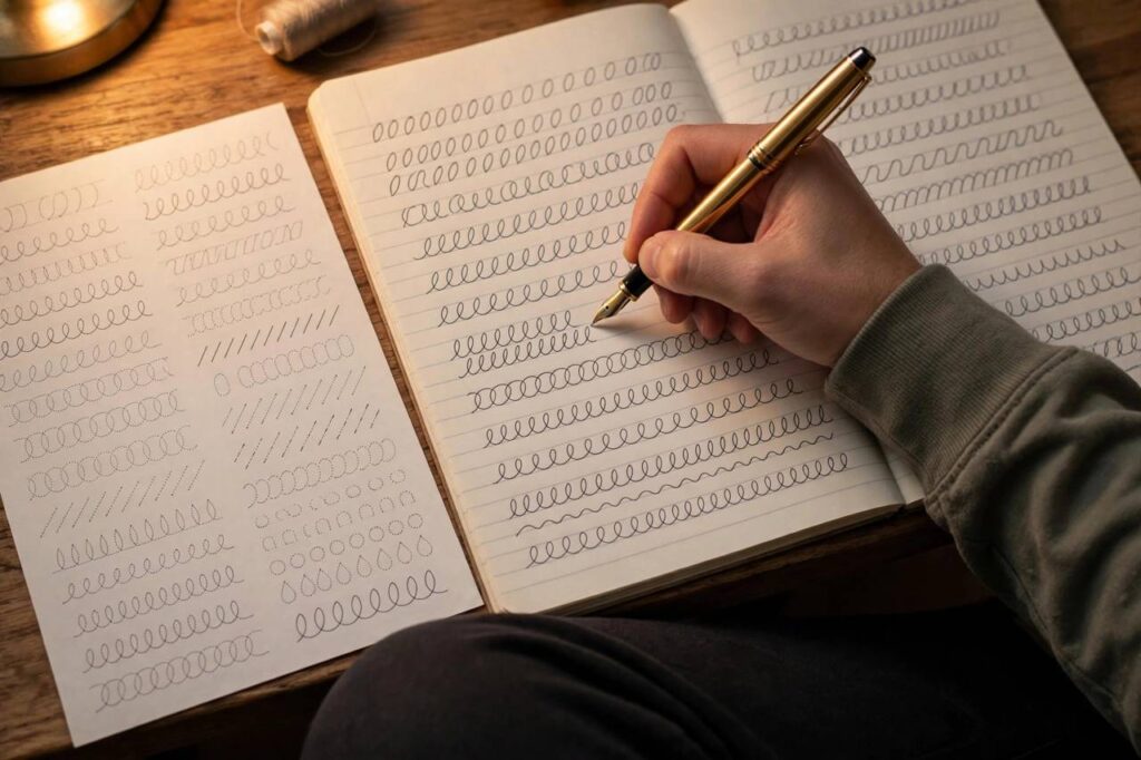 Adult hand in modest clothing practicing handwriting drills with a fountain pen in a notebook