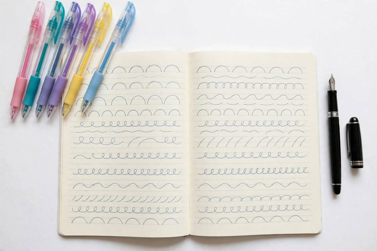Collection of smooth gel pens and a fountain pen arranged beside a notebook