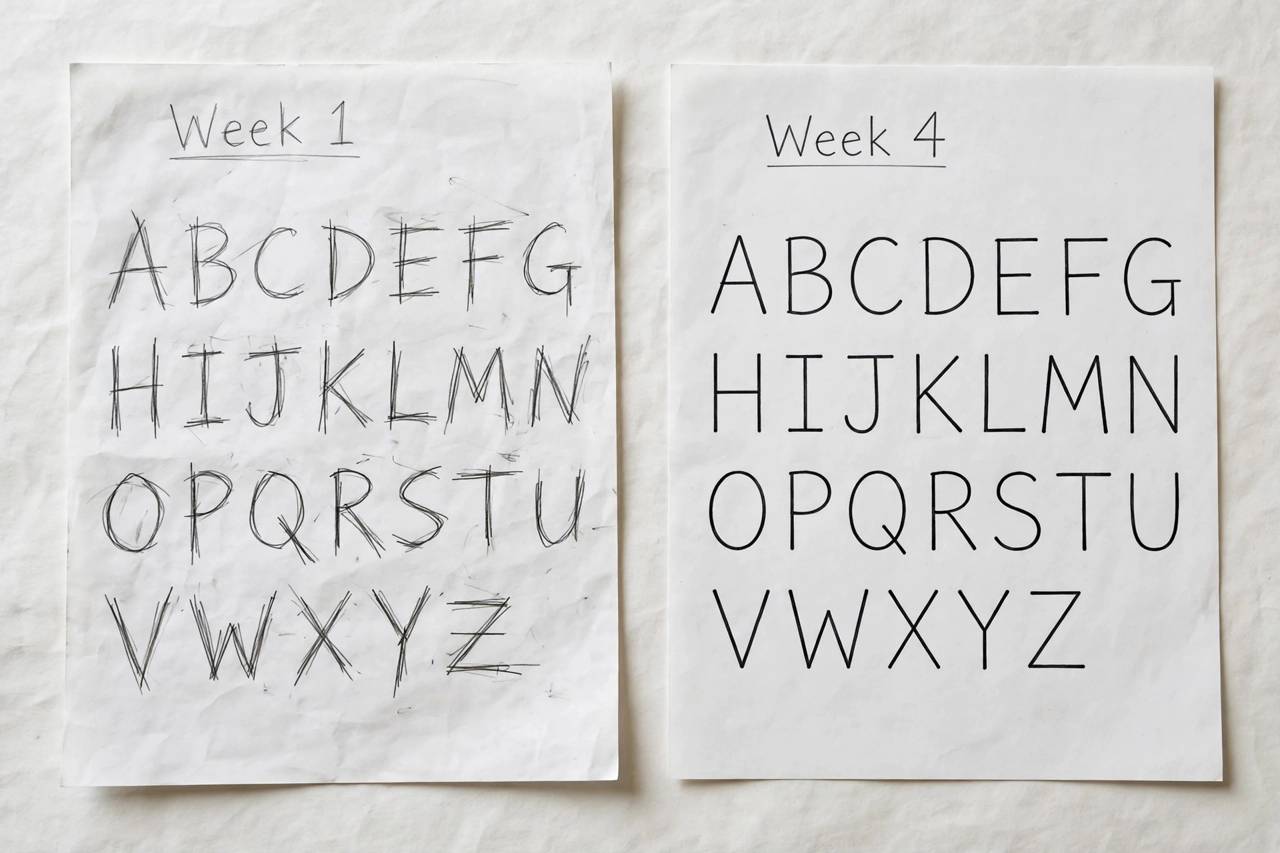 Before and after handwriting samples showing improvement over four weeks