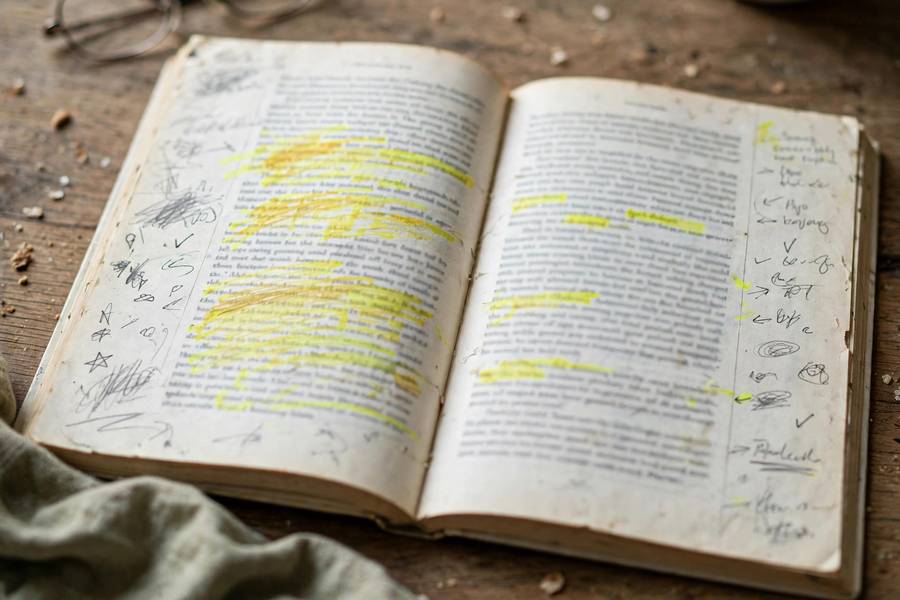 Close-up of annotated book showing active reading comprehension techniques