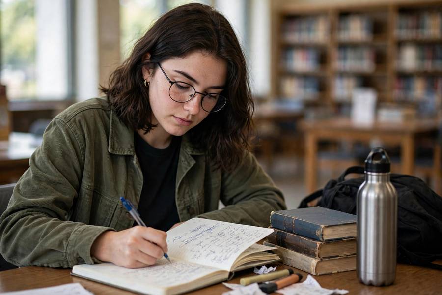 College student writing a chapter summary to improve reading comprehension
