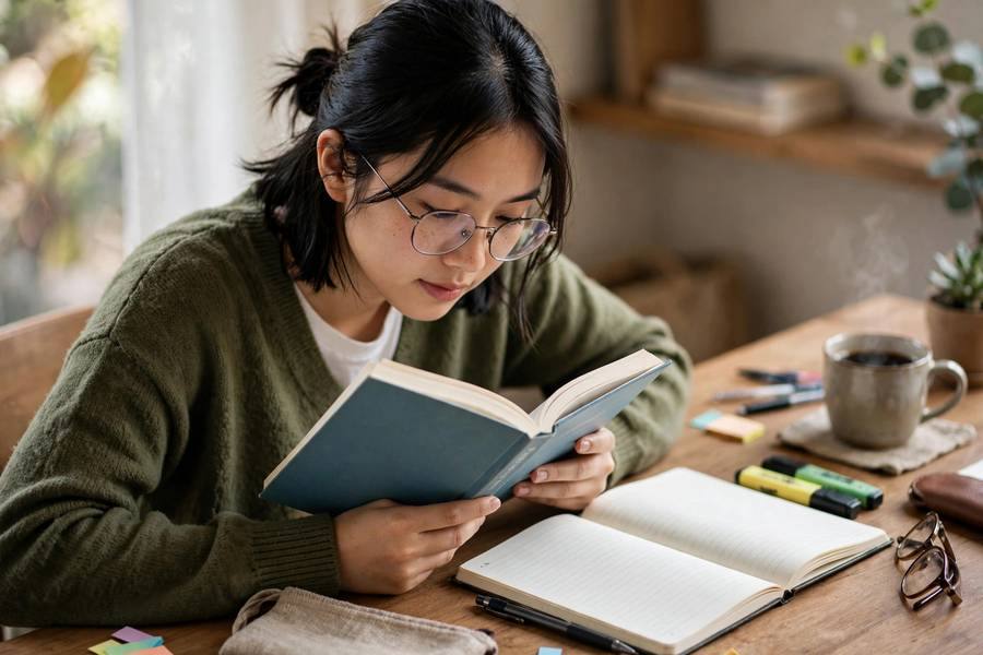 English learner reading a graded reader book