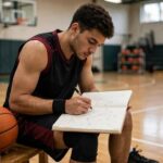 Photorealistic photo of a player charting shooting percentages in a notebook courtside, basketball gym