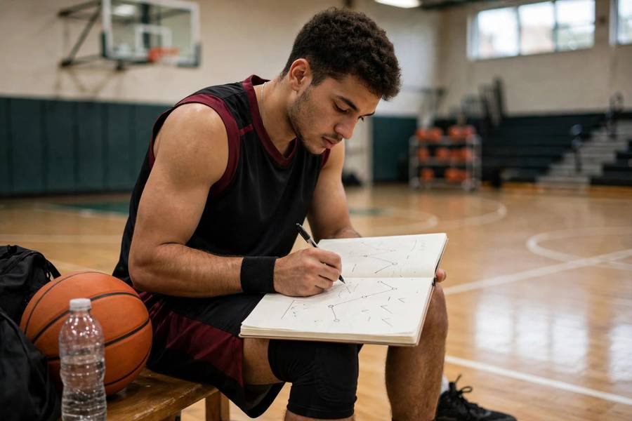 Photorealistic photo of a player charting shooting percentages in a notebook courtside, basketball gym