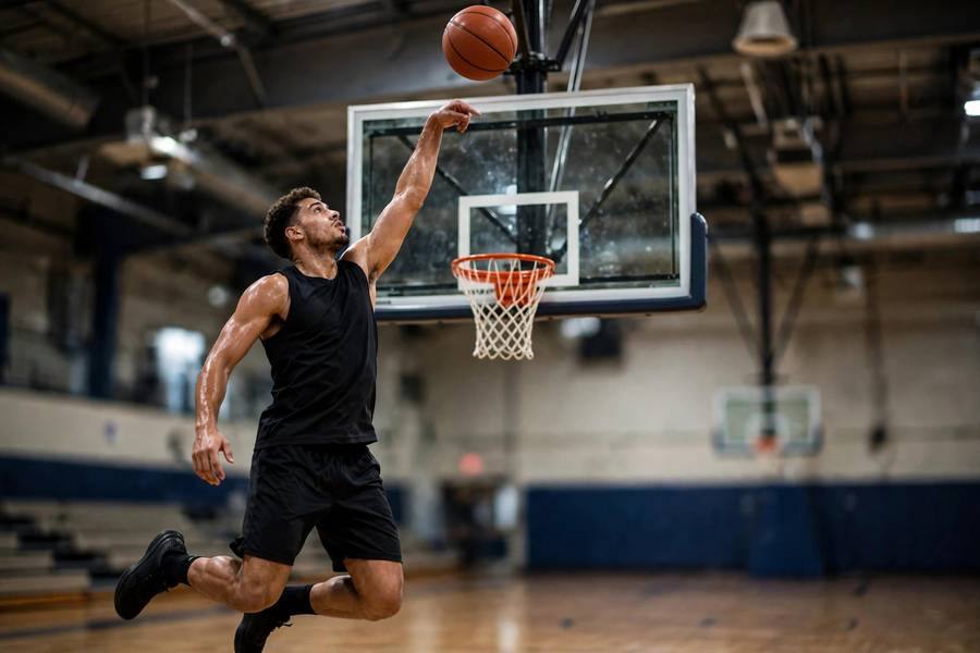 Photorealistic action shot of a shooter with perfect high arc, ball at peak above backboard square