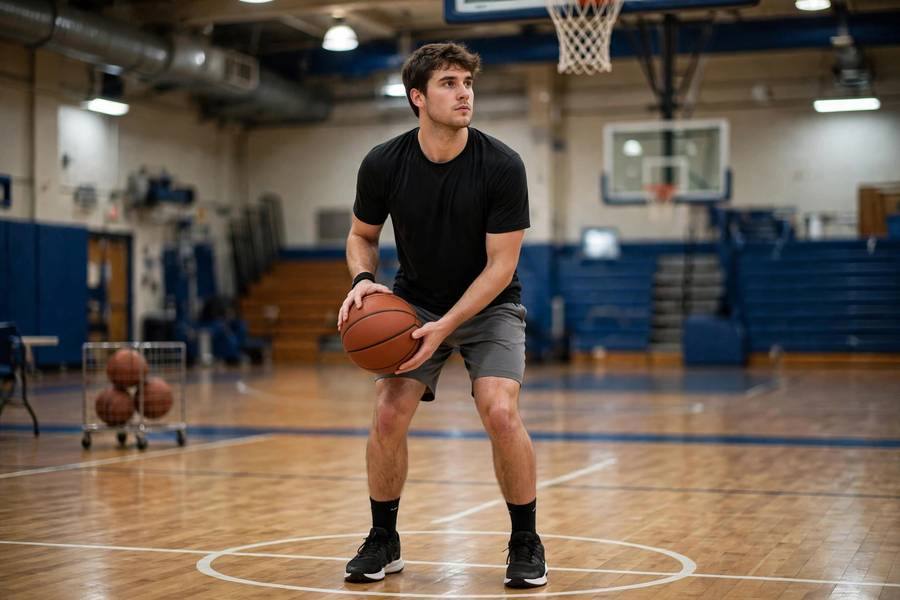 Photorealistic image of a player practicing free throws with consistent pre-shot routine, focused