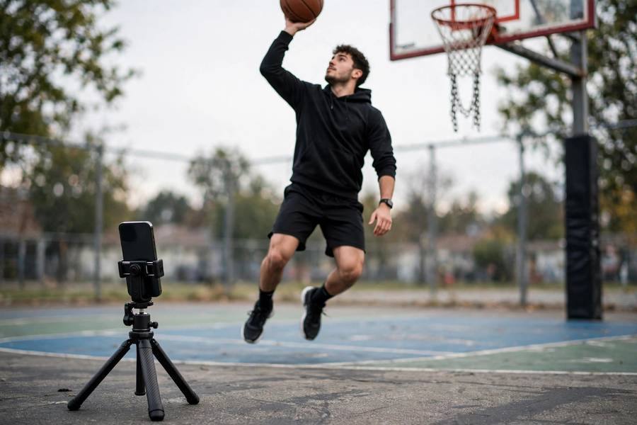 Photorealistic photo of a player filming their jump shot with a phone tripod for form analysis