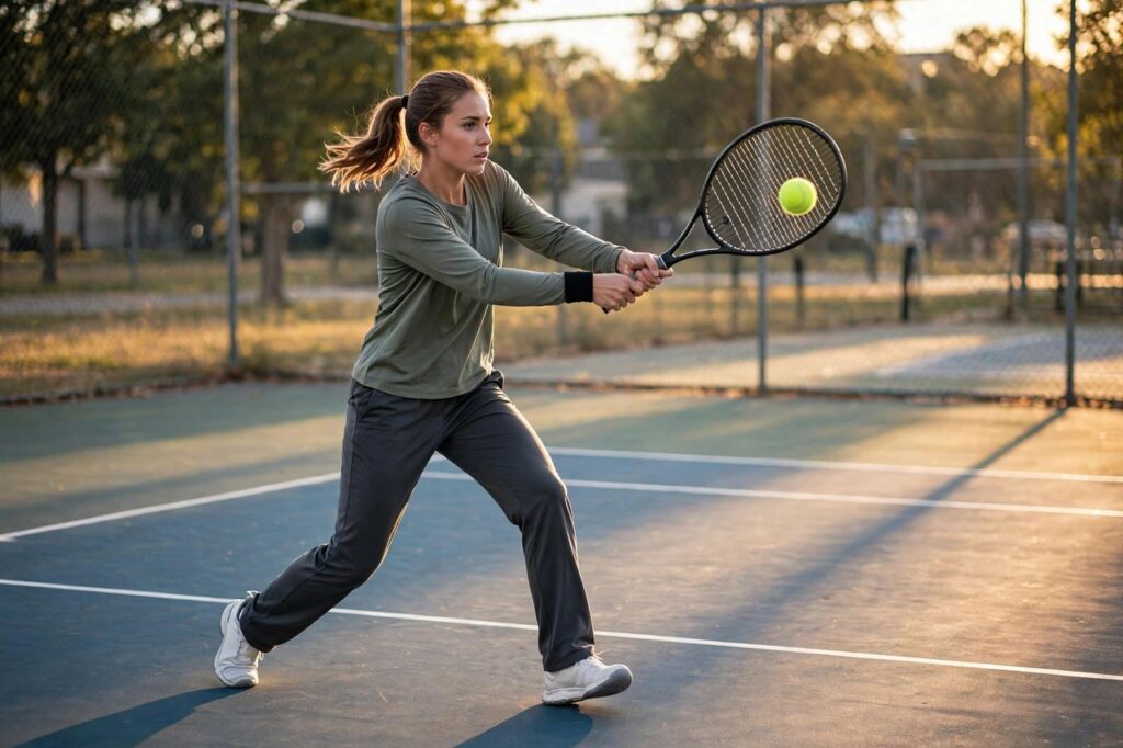 Tennis player hitting a two-handed backhand with proper unit turn on an outdoor hard court