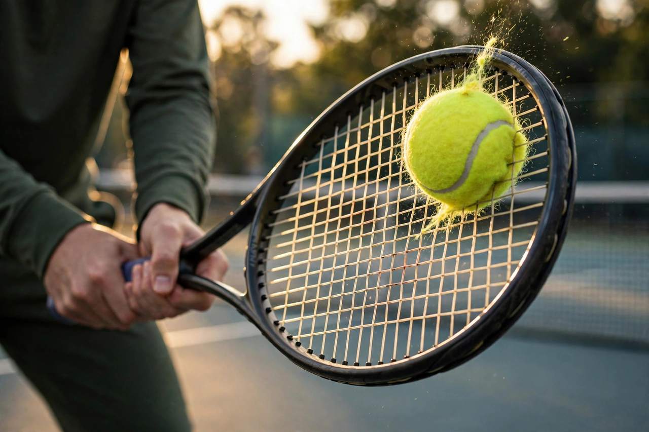 Close-up of a tennis player brushing up the back of the ball for topspin