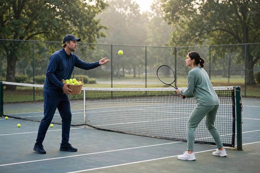 Tennis coach feeding balls to a student practicing backhand drills at a net post