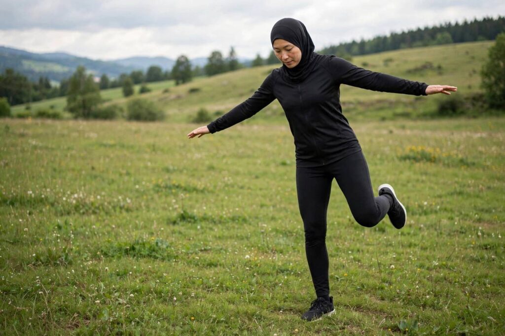 Person in modest full-coverage athletic wear (torso fully covered, no midriff, full-length leggings) doing single-leg balance drill on grass field, landscape