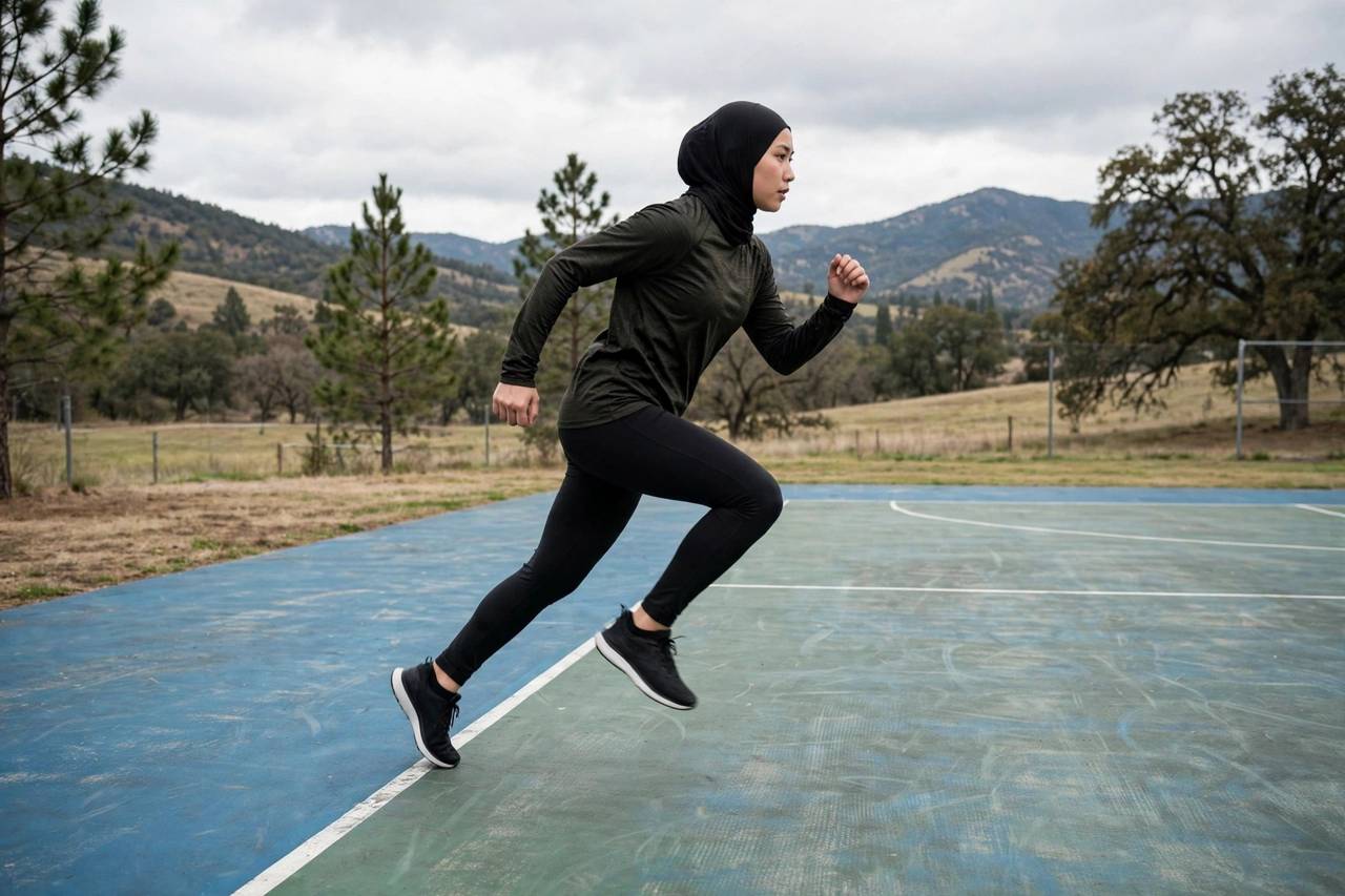 Person in modest full-coverage athletic wear (torso fully covered, no midriff, full-length leggings) doing lateral bounds on a sports court, landscape