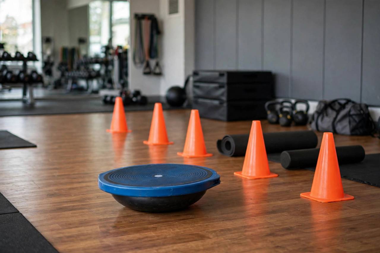 Balance training equipment: wobble board and cones on gym floor, no people, landscape