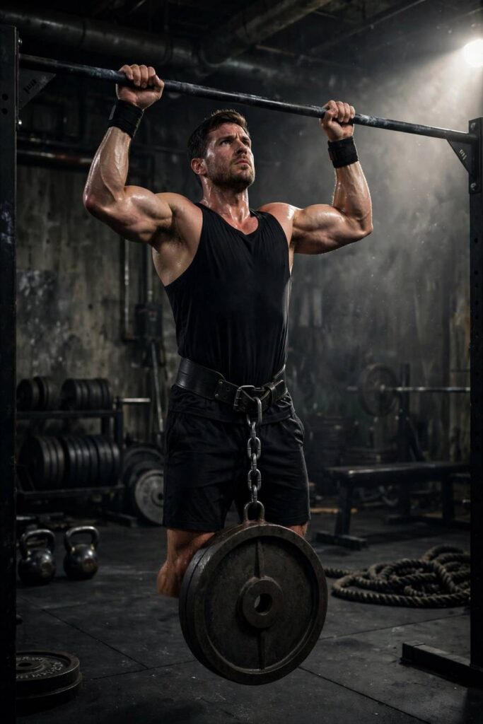 Man performing a weighted pull-up with a dip belt and weight plate