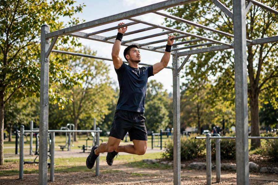 Athlete training pull-up ladders on an outdoor rig