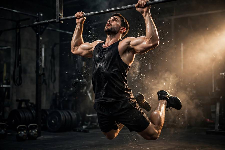 Man doing an explosive chest-to-bar pull-up in dramatic gym lighting