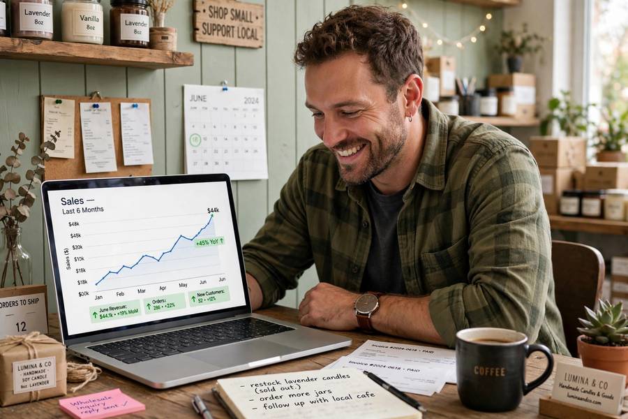 Reviewing growing sales numbers, the result of learning how to increase sales for small business