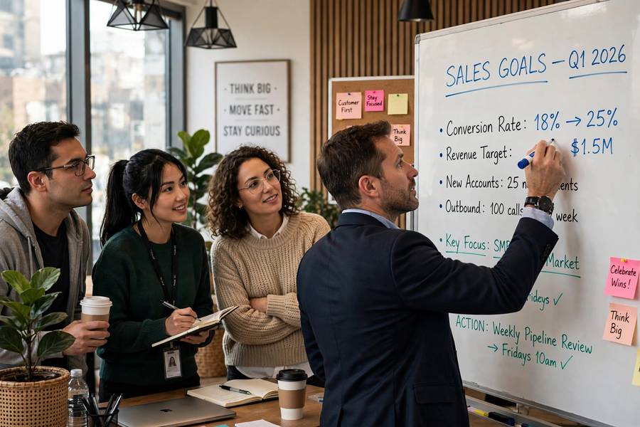 Setting sales targets on a whiteboard, planning how to increase sales for small business
