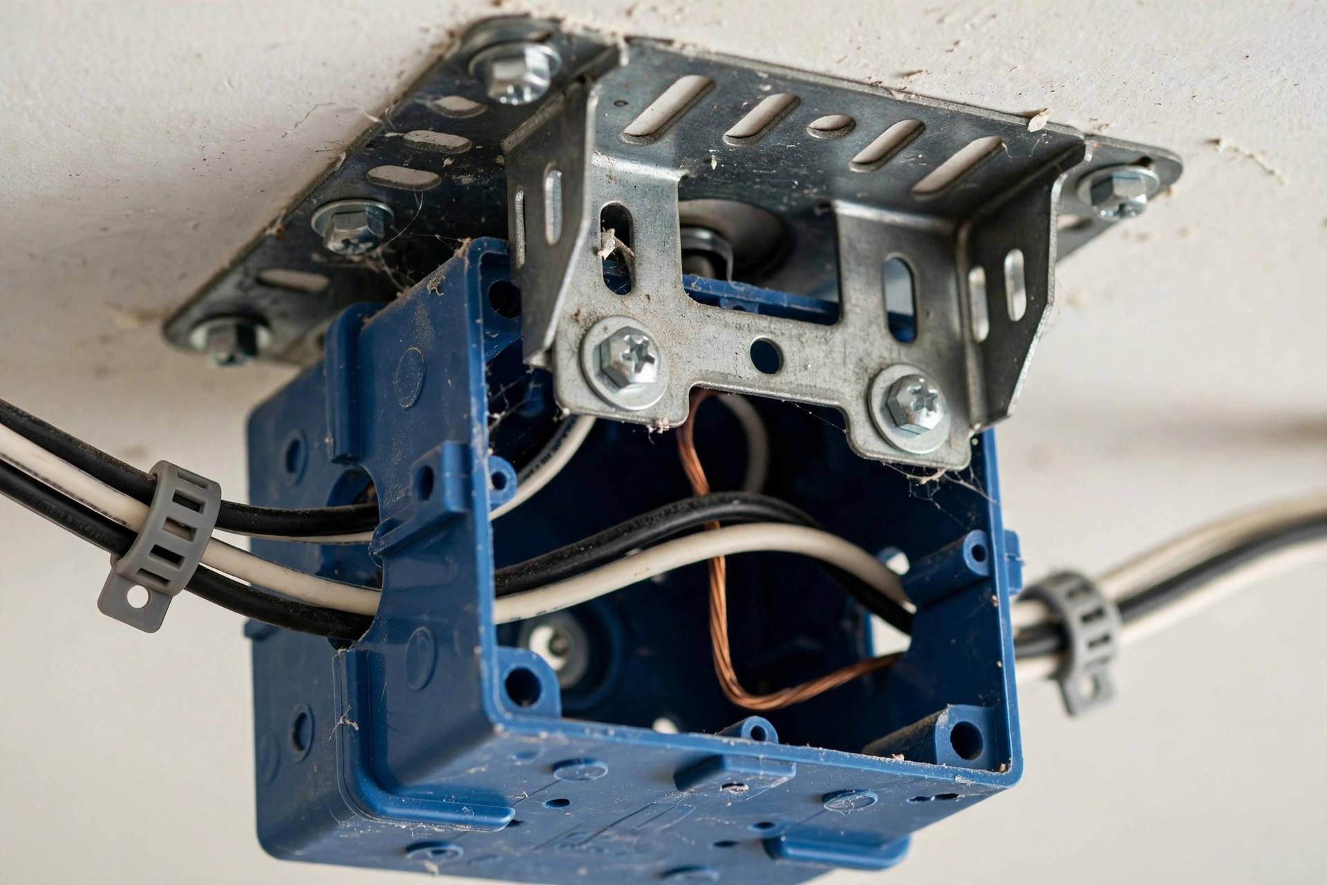 Close-up of ceiling fan mounting bracket attached to electrical box