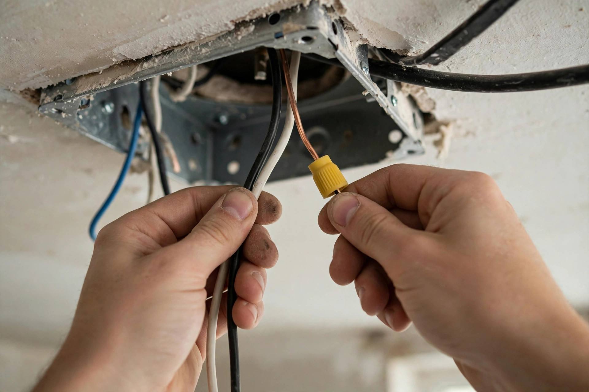 Hands connecting ceiling fan wires with wire nuts