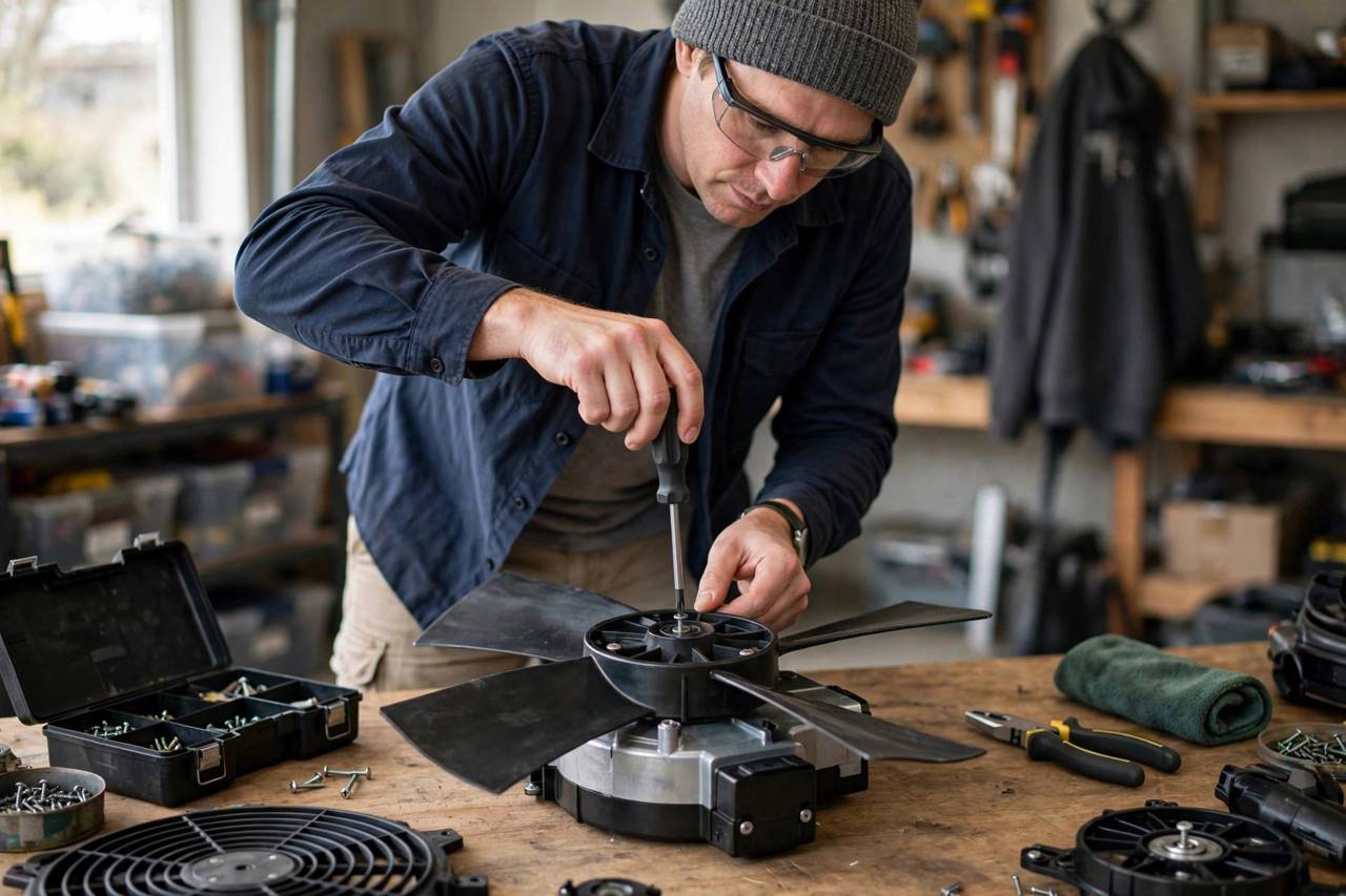 Person attaching fan blades to the motor housing with a screwdriver