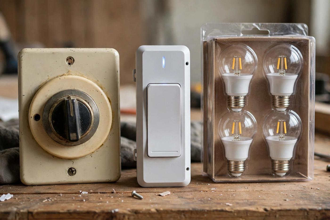 Comparison of an old rotary dimmer switch and a modern LED-compatible dimmer beside a package of dimmable LED bulbs