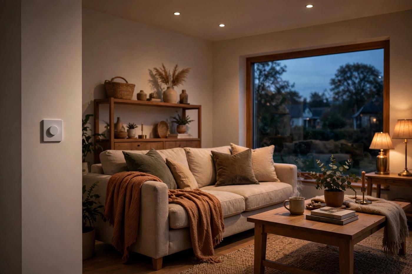 Living room with warm dimmed lighting at dusk showing the cozy effect of a newly installed dimmer switch