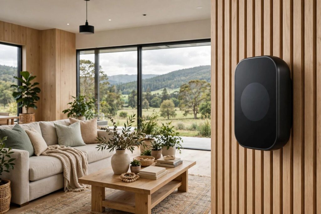 A new smart thermostat mounted on a living room wall