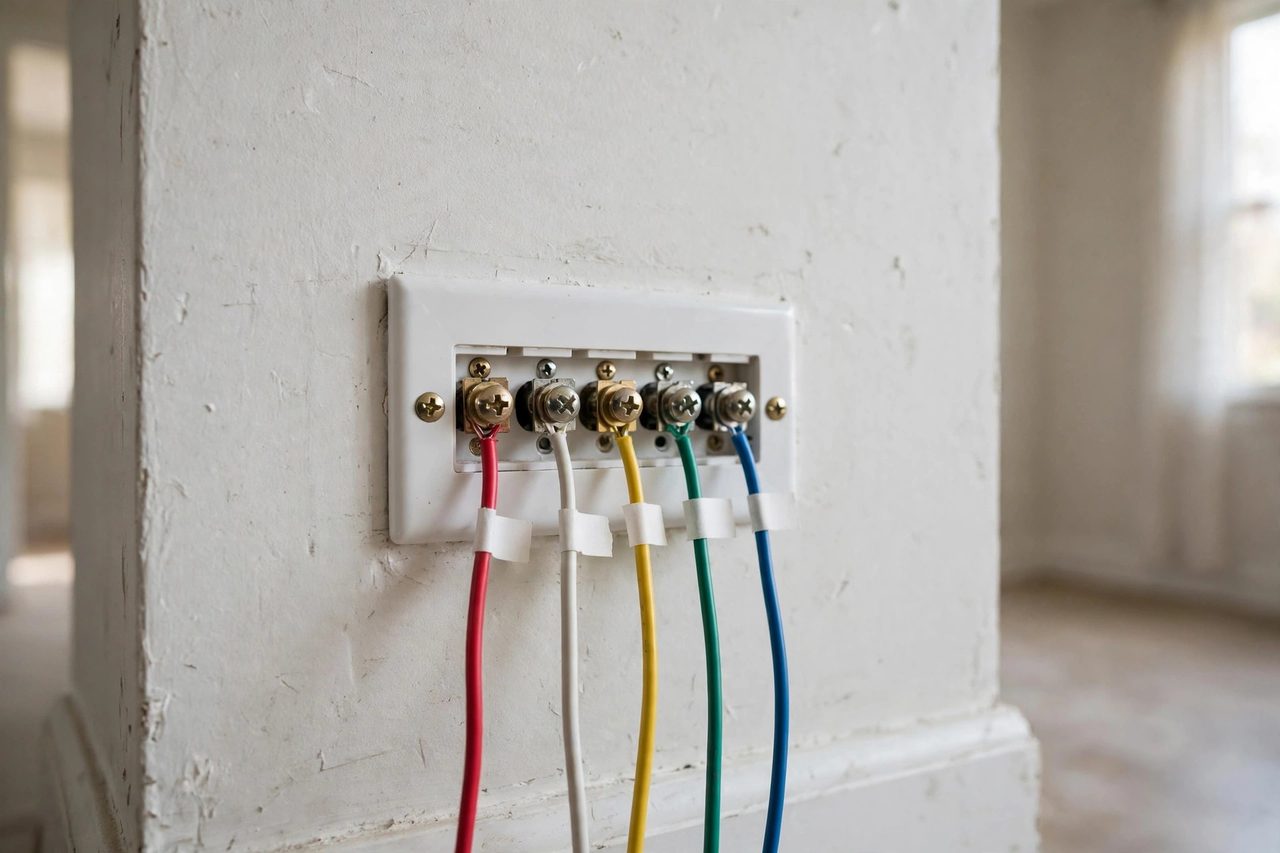 Close-up of labeled thermostat wires connected to terminals