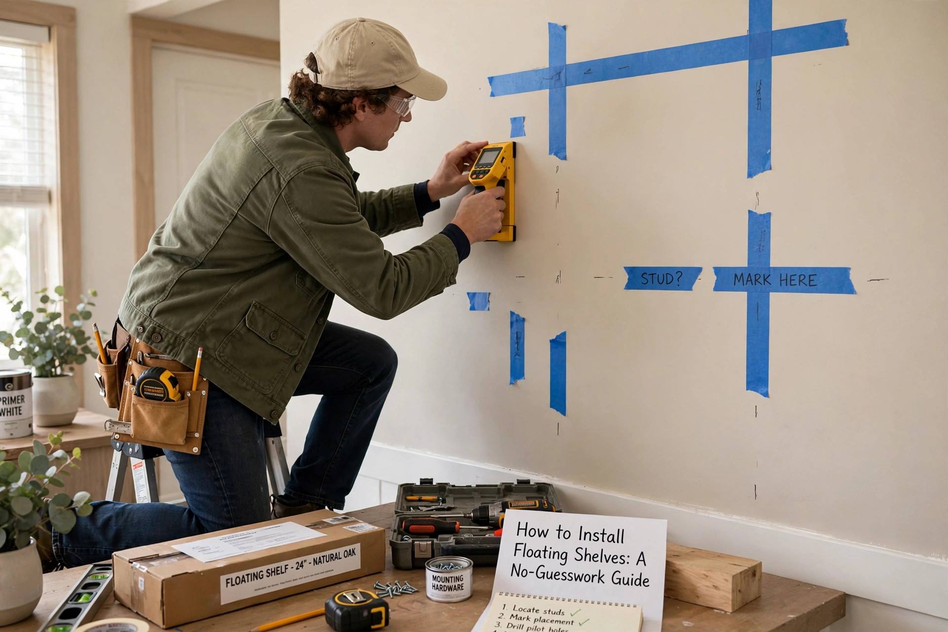Person using a stud finder on a wall marked with painters tape