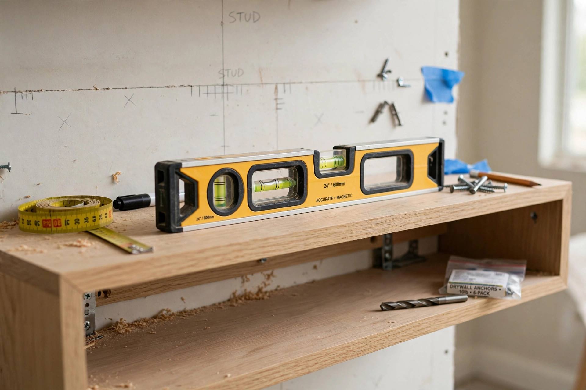 Close-up of a level on top of a floating shelf during installation