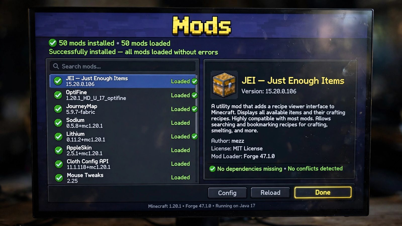 Minecraft mods menu showing successfully installed mods
