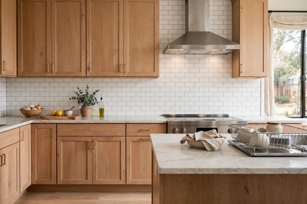 A kitchen with a new peel and stick subway tile backsplash behind the counter
