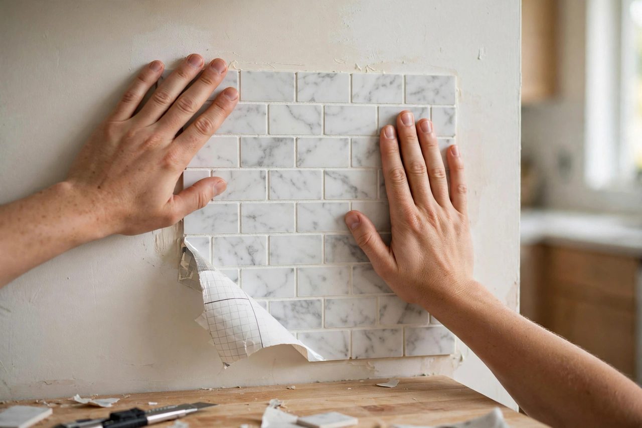 Hands pressing a peel and stick tile panel onto a kitchen wall
