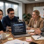 Team discussing how to introduce AI to their team during a meeting with an AI tool on a laptop