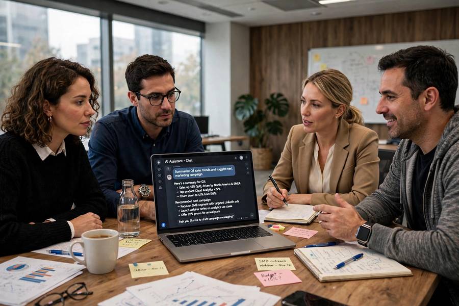Team discussing how to introduce AI to their team during a meeting with an AI tool on a laptop