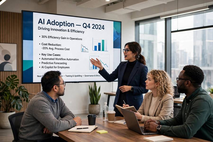 Manager presenting an AI adoption plan to colleagues in a modern office
