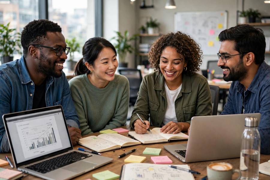Team collaborating after successfully learning how to introduce AI to their workflow