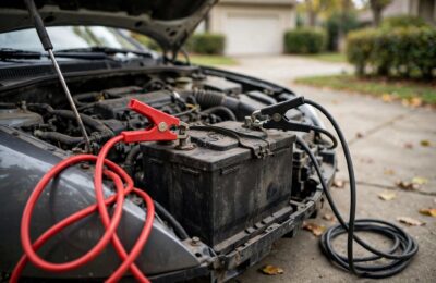 Jumper cables connected to a car battery under an open hood — how to jump start a car