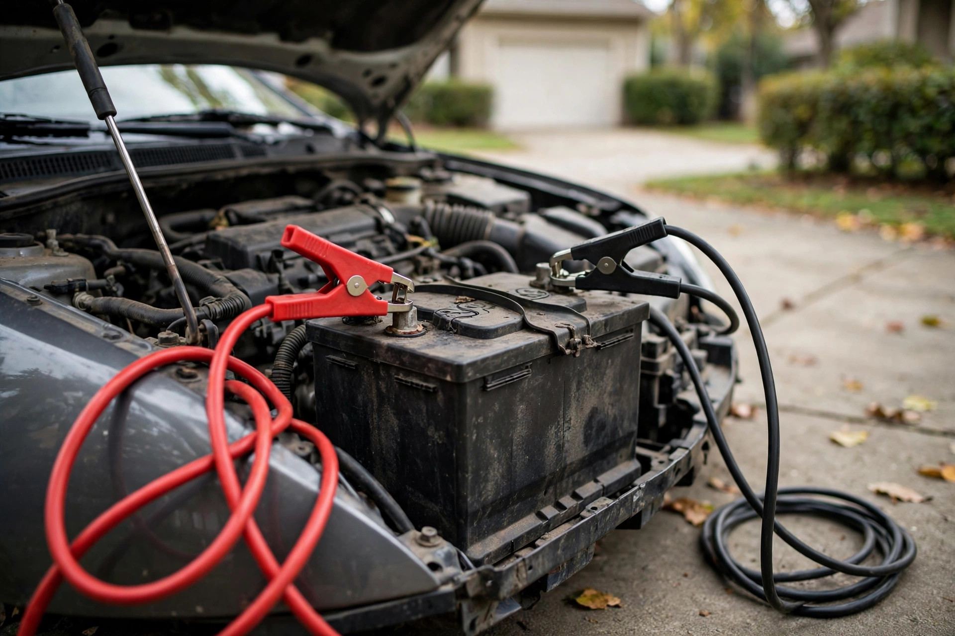 Jumper cables connected to a car battery under an open hood — how to jump start a car