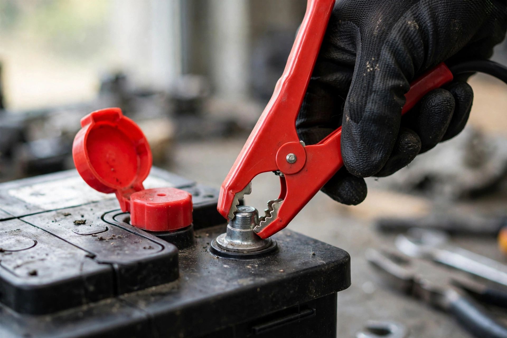 Attaching the red positive clamp to the battery terminal — how to jump start a car