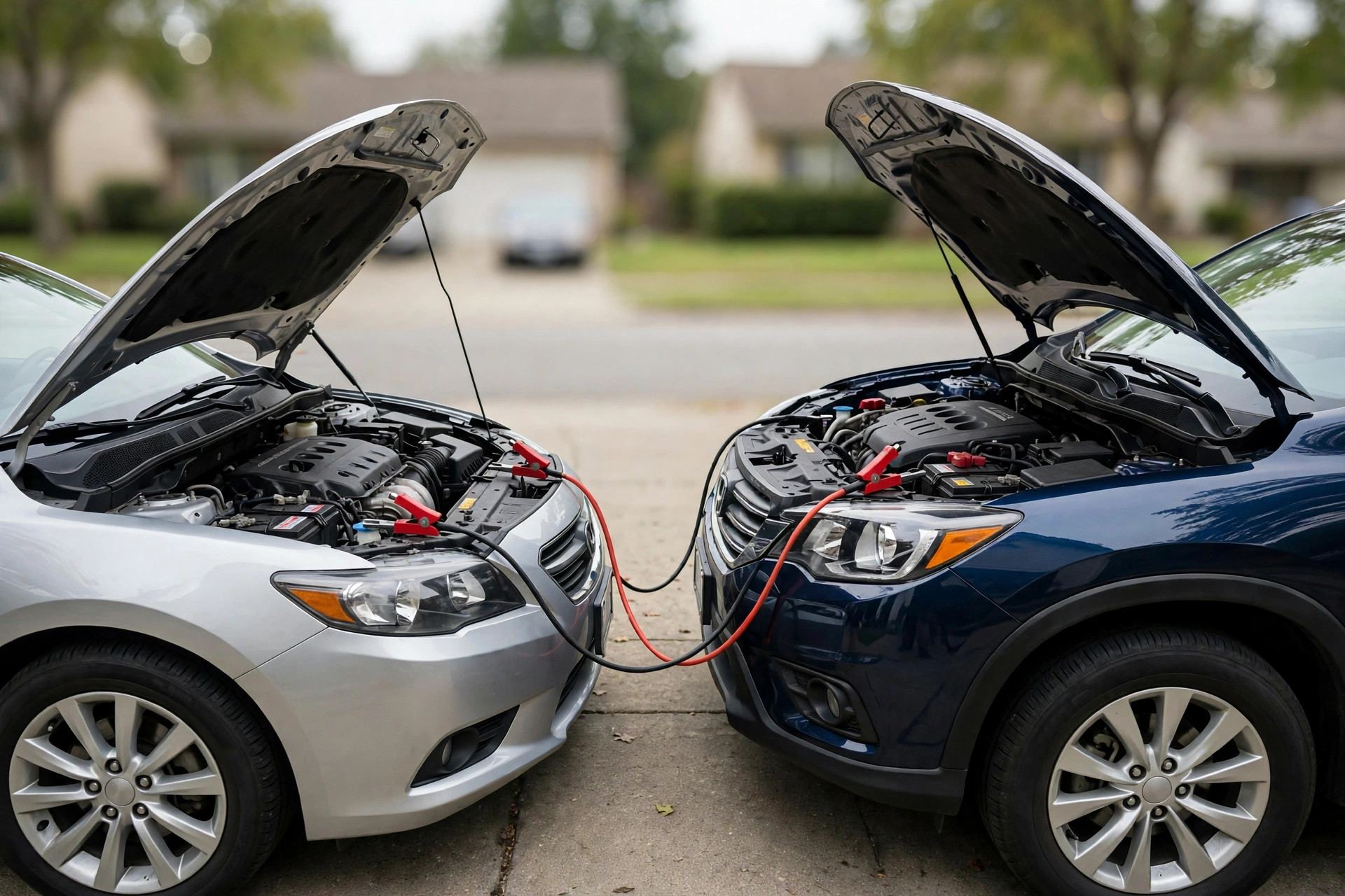 Two cars positioned nose to nose for a jump start — how to jump start a car