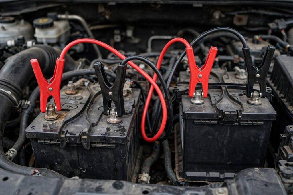 Jumper cables connected between two car batteries in an engine bay