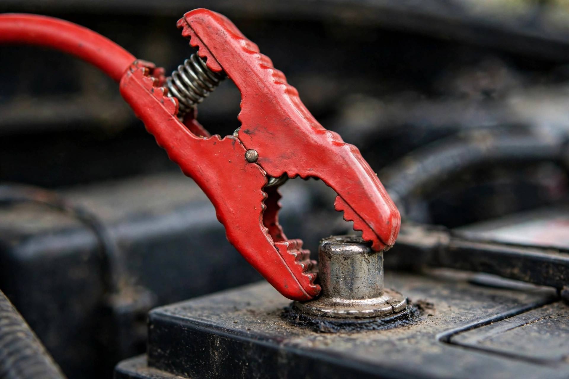 Close-up of red jumper cable clamp attached to positive battery terminal